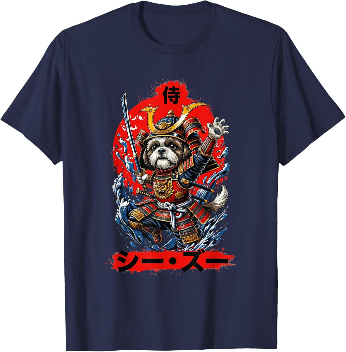 Samurai Shih Tzu Warrior Dog – Japanese Anime Style Art T-Shirt - Navy Blue