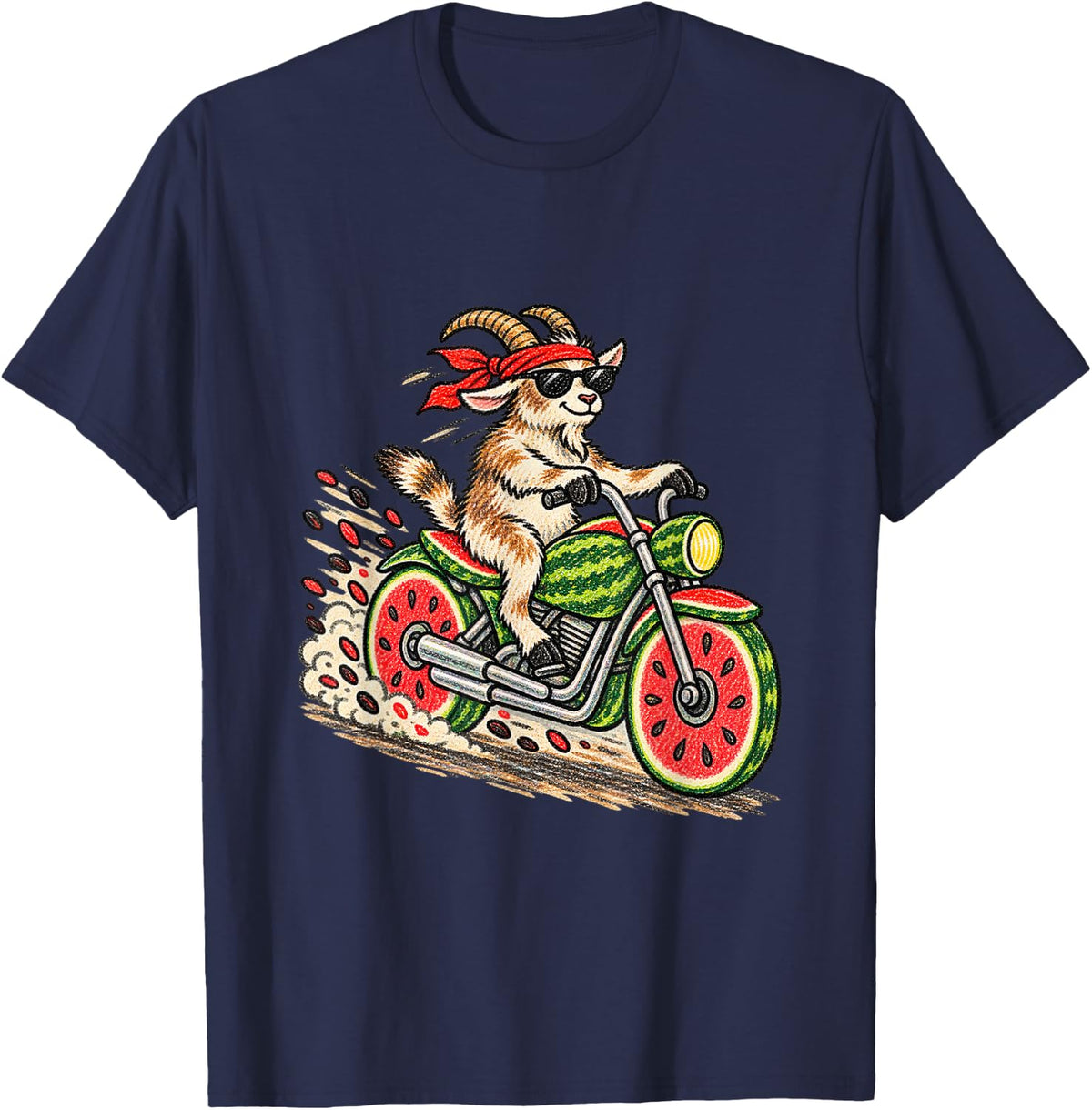 Goat Riding Watermelon Motorcycle Funny Animal Meme T-Shirt - Navy Blue