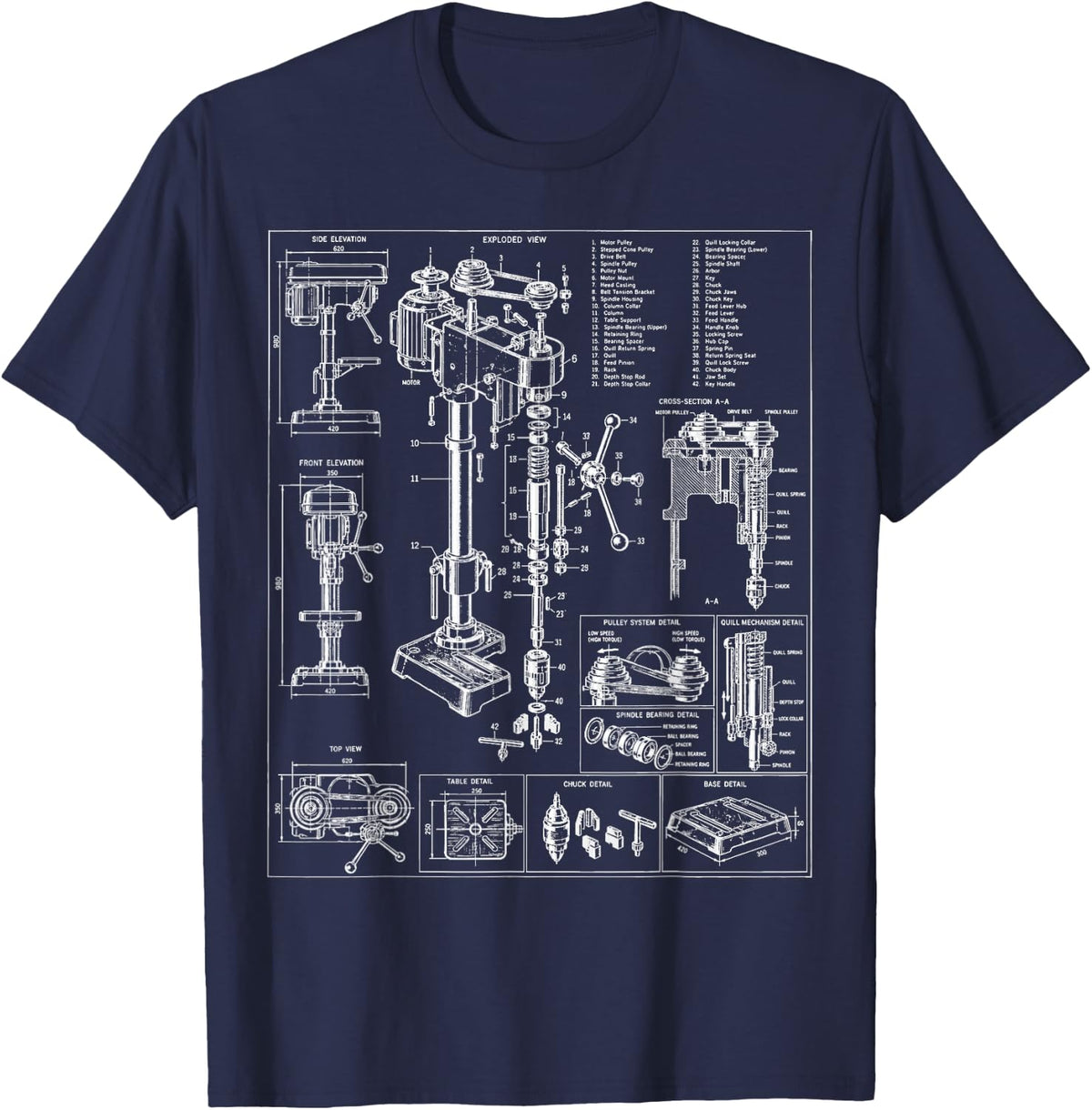 Drill Press Patent Woodworker Machinist Workshop Blueprint T-Shirt - Navy Blue