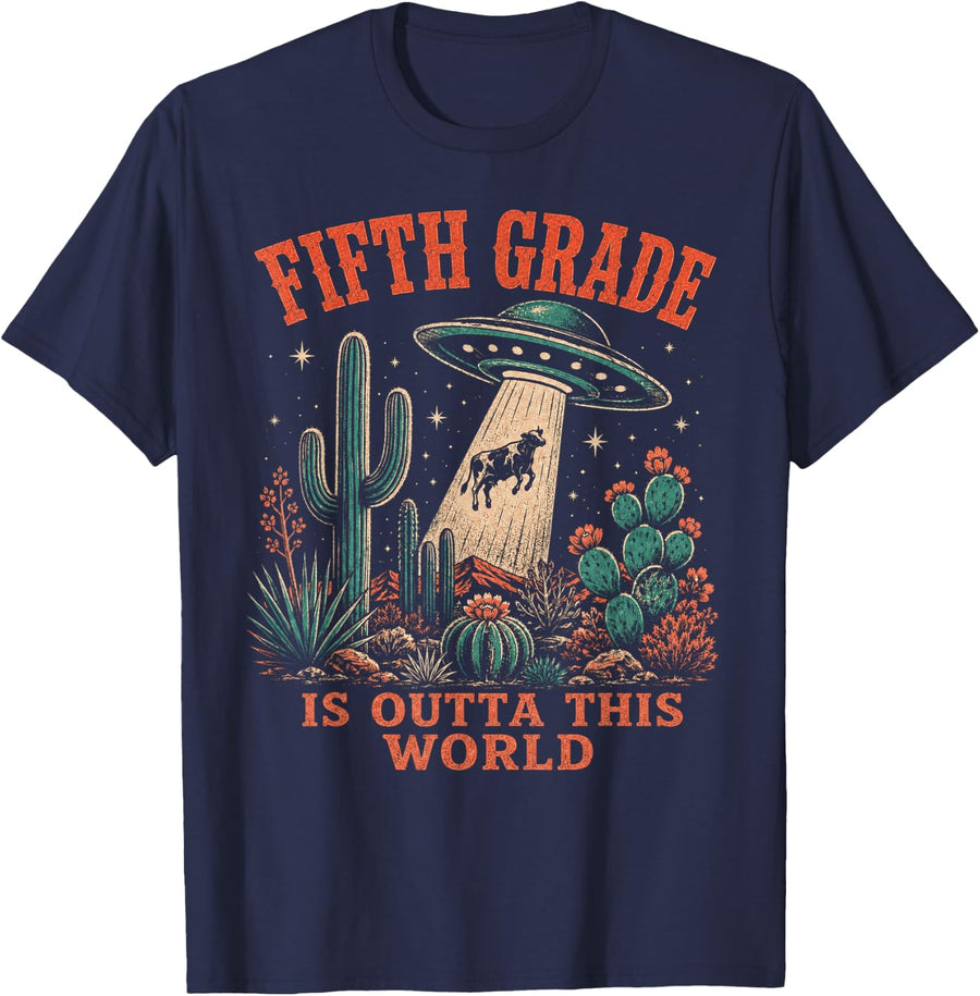 5th Grade is Outta This World Teacher Western UFO Hunting T-Shirt - Navy Blue