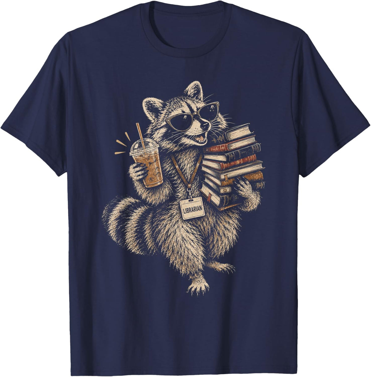 School Librarian Teacher Raccoon School Library Worker T-Shirt - Navy Blue