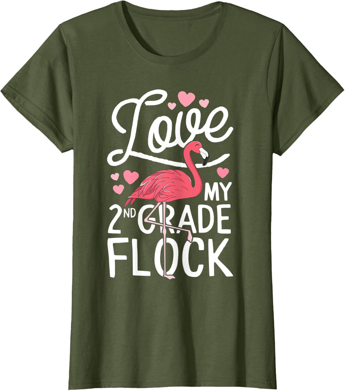 Love My 2nd Grade Flock Flamingo Teacher Elementary Gift T-Shirt - Olive Green