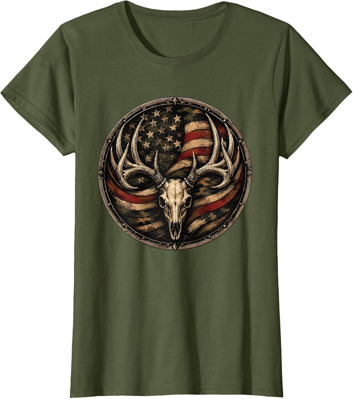 American Flag Deer Bulk Hunting T-Shirt - Olive Green