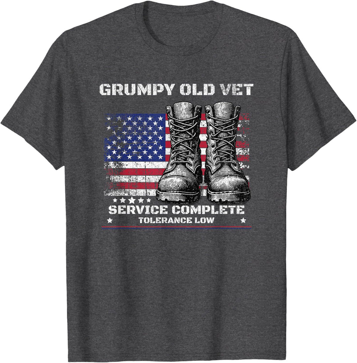 Funny Grumpy Old Vet for Military w/American Flag and Boots T-Shirt - Dark Heather Grey
