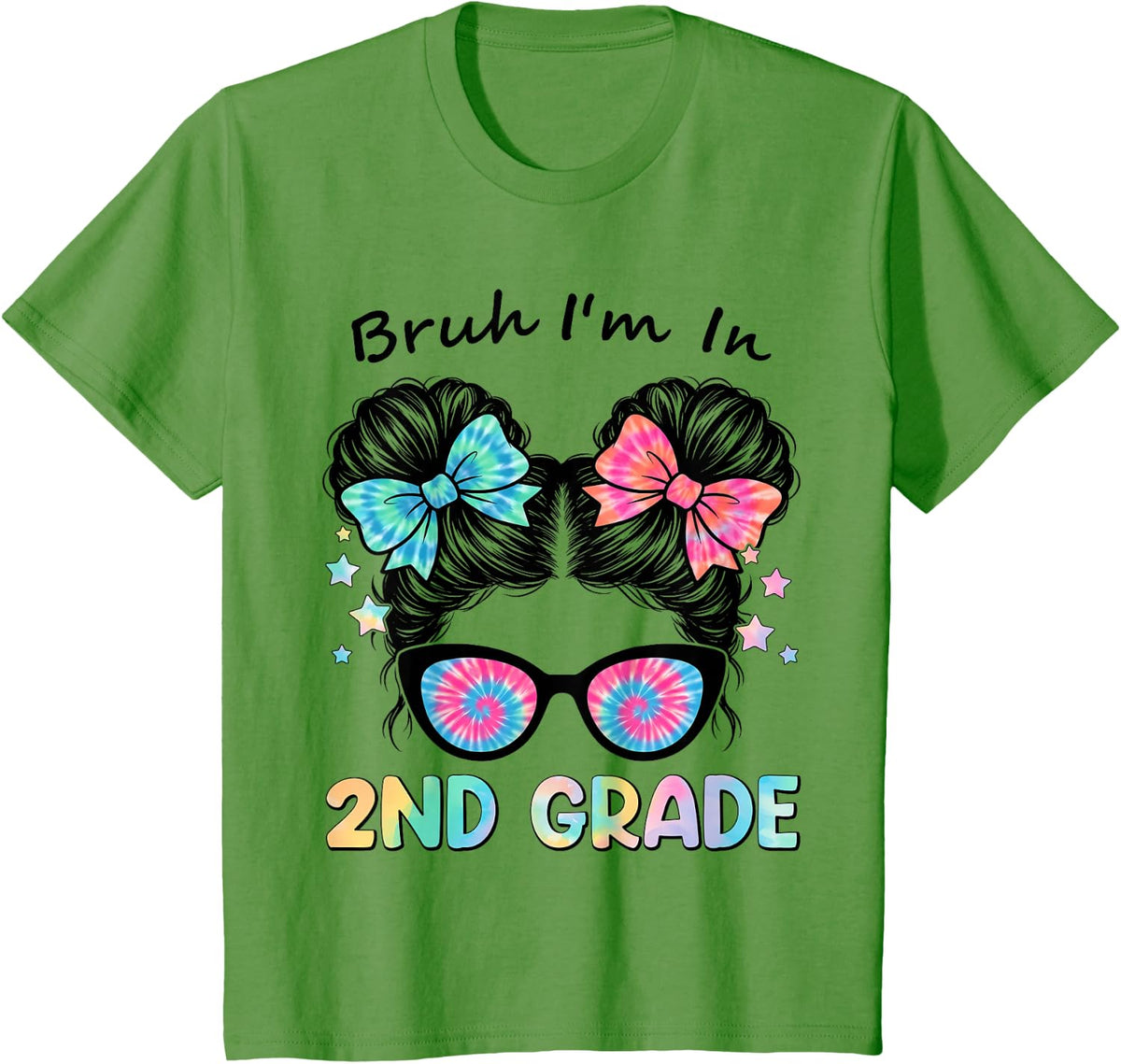 Back to School First Day Bruh Second 2nd Grade Messy Bun Kid T-Shirt - Grass Green