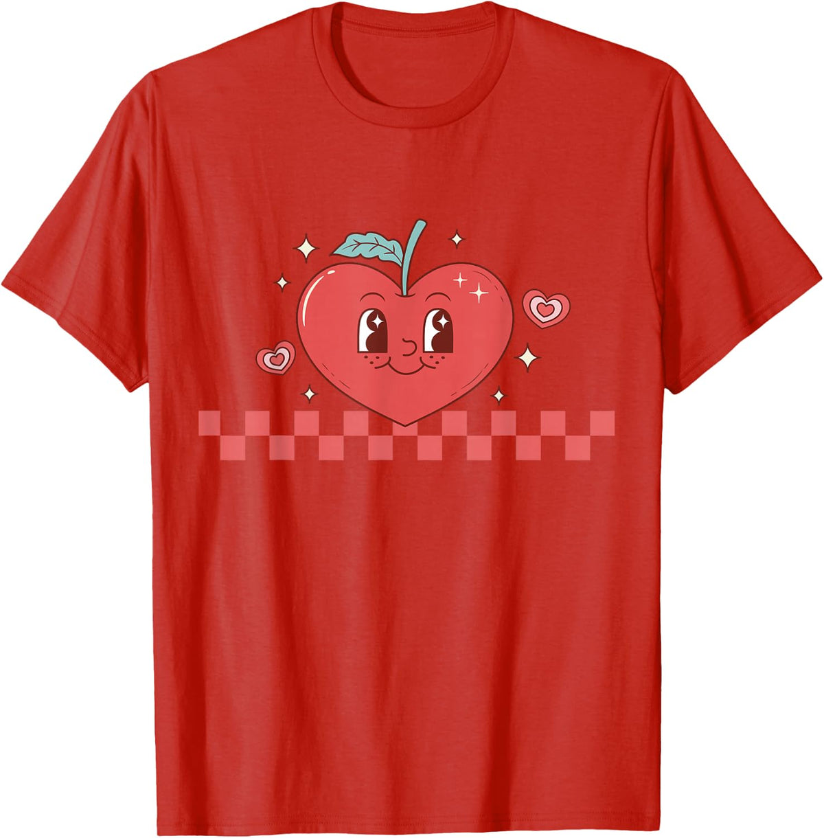 Cute Retro Checkered Apple With Face Teacher Heart Trendy Tees T Shirts - Red
