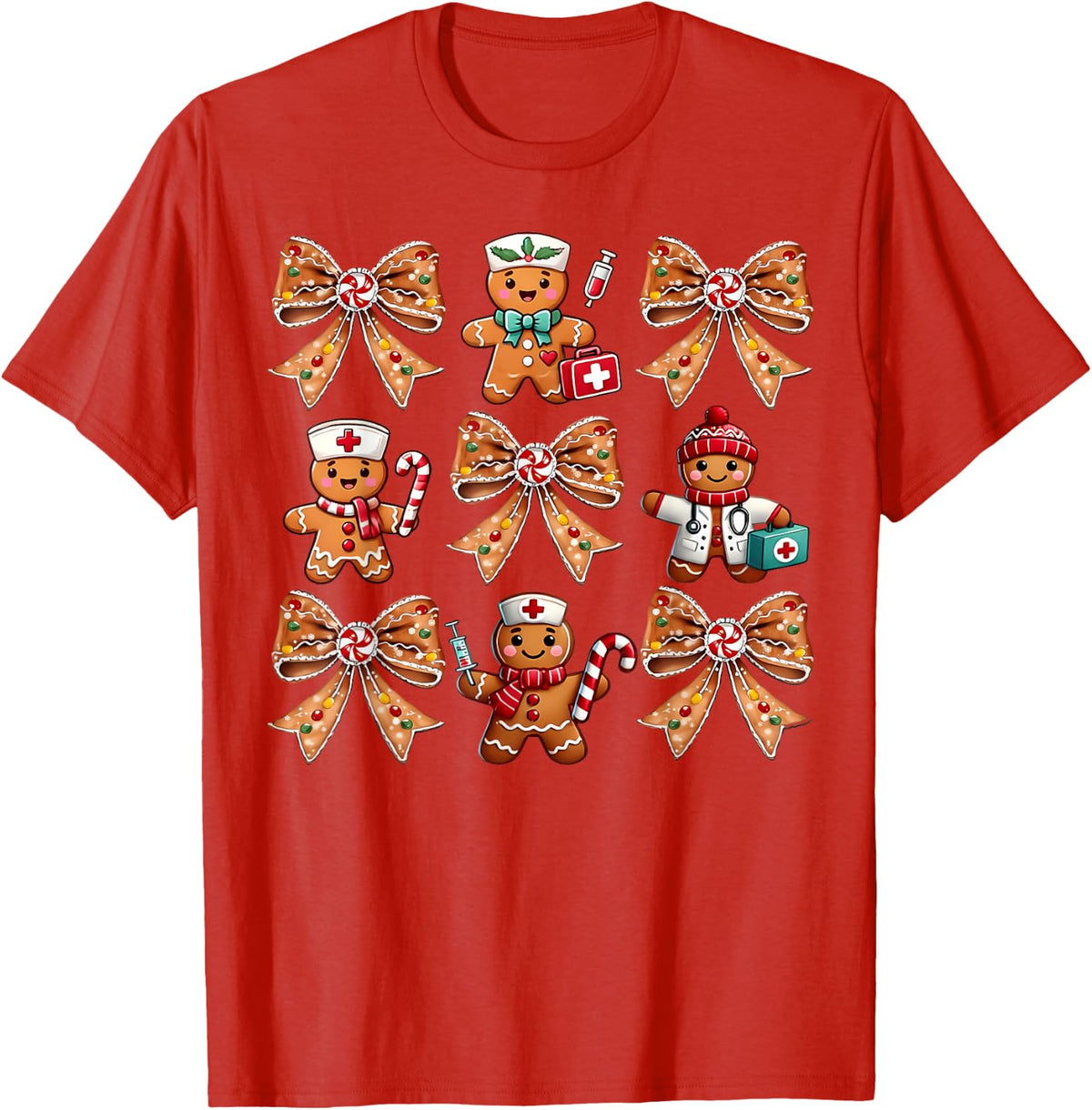 Coquette Bow Gingerbread Christmas Nurse Xmas Holiday T-Shirt - Red