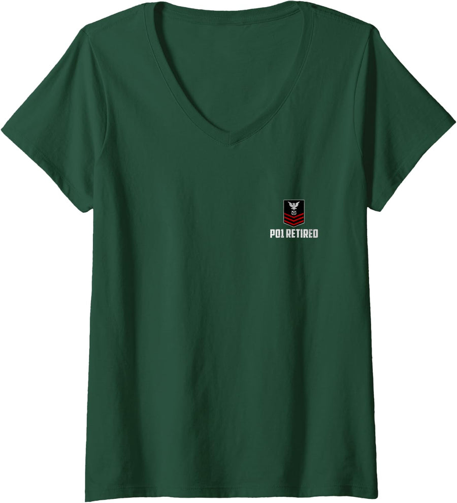 Women's Retired E-6 Petty Officer First Class PO1 Rank Logo Sailor V-Neck T-Shirt - Dark Green
