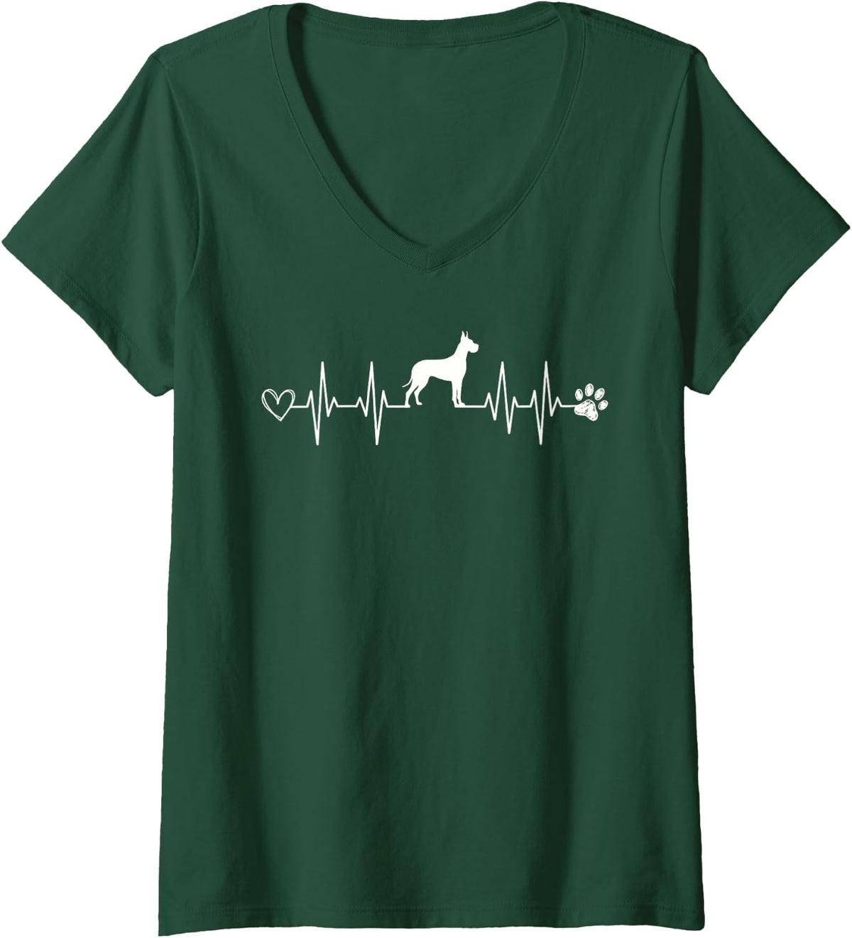 Women's Great Dane Dog Lover Heartbeat EKG Pet Dog Mom Dad V-Neck T-Shirt - Dark Green