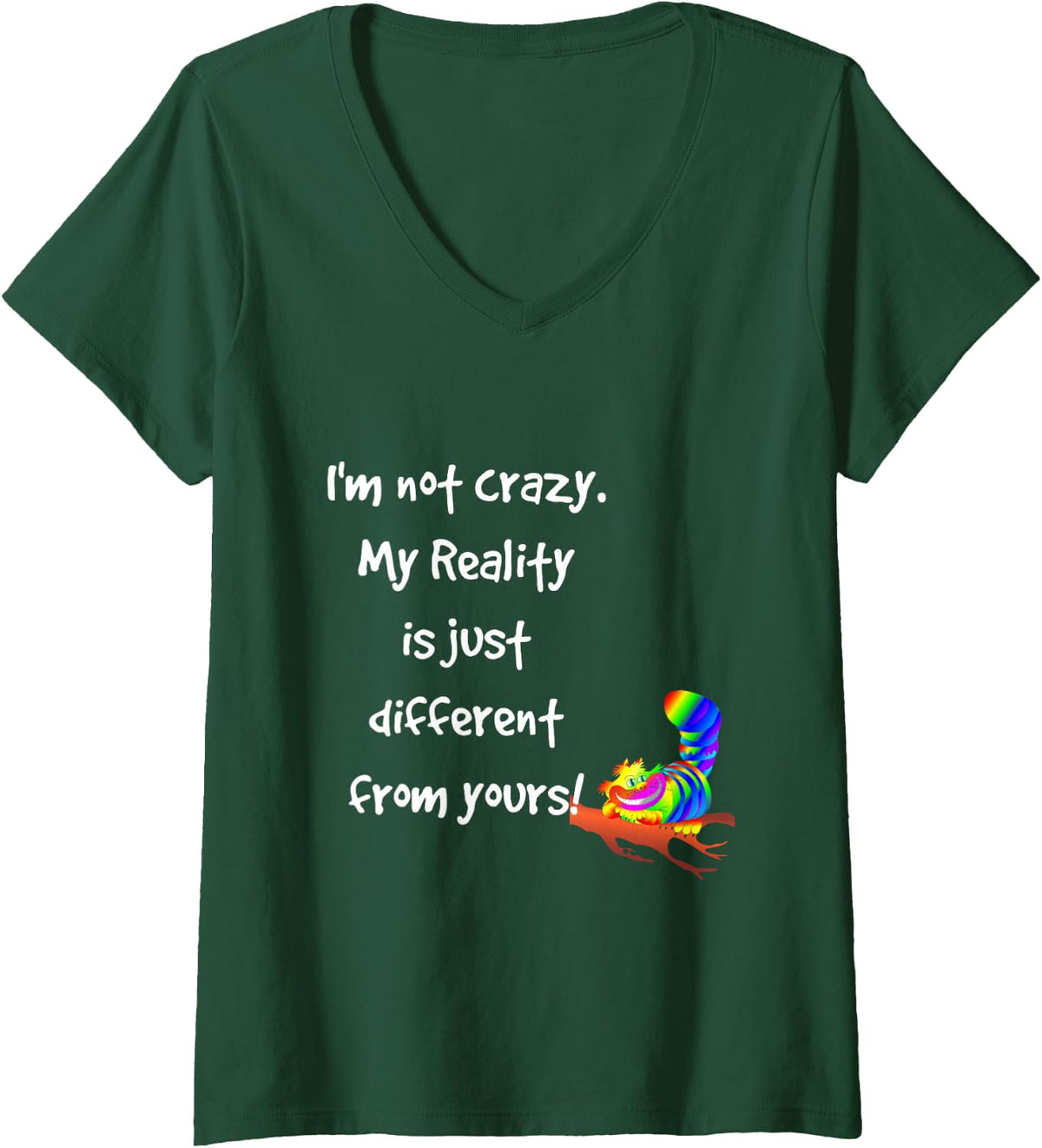 Womens Cheshire Cat Quote Alice in Wonderland Costume I'm not Crazy V-Neck T-Shirt - Dark Green