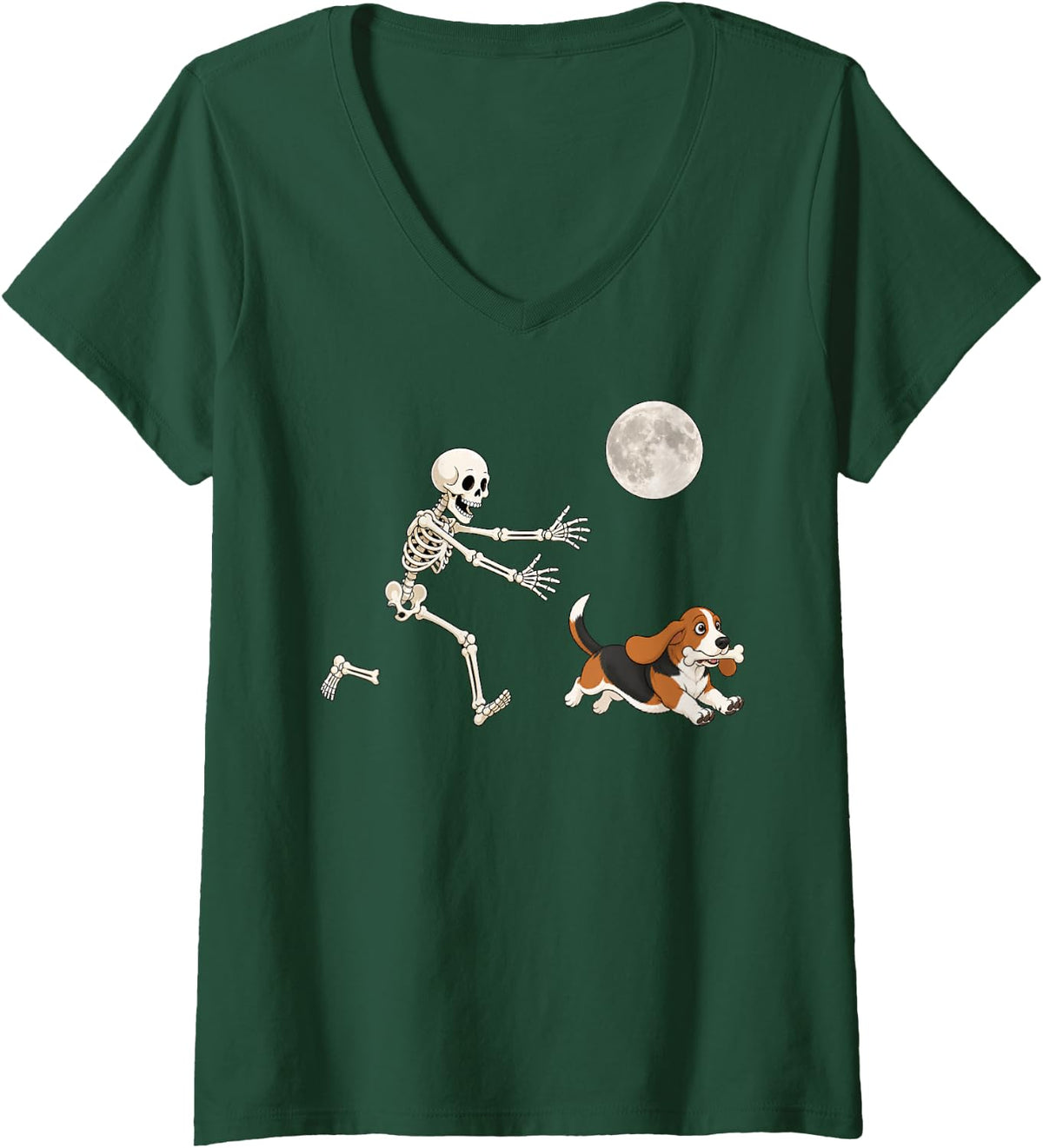 Women's Basset Hound Running Skeleton Retro Halloween Dog V-Neck T-Shirt - Dark Green