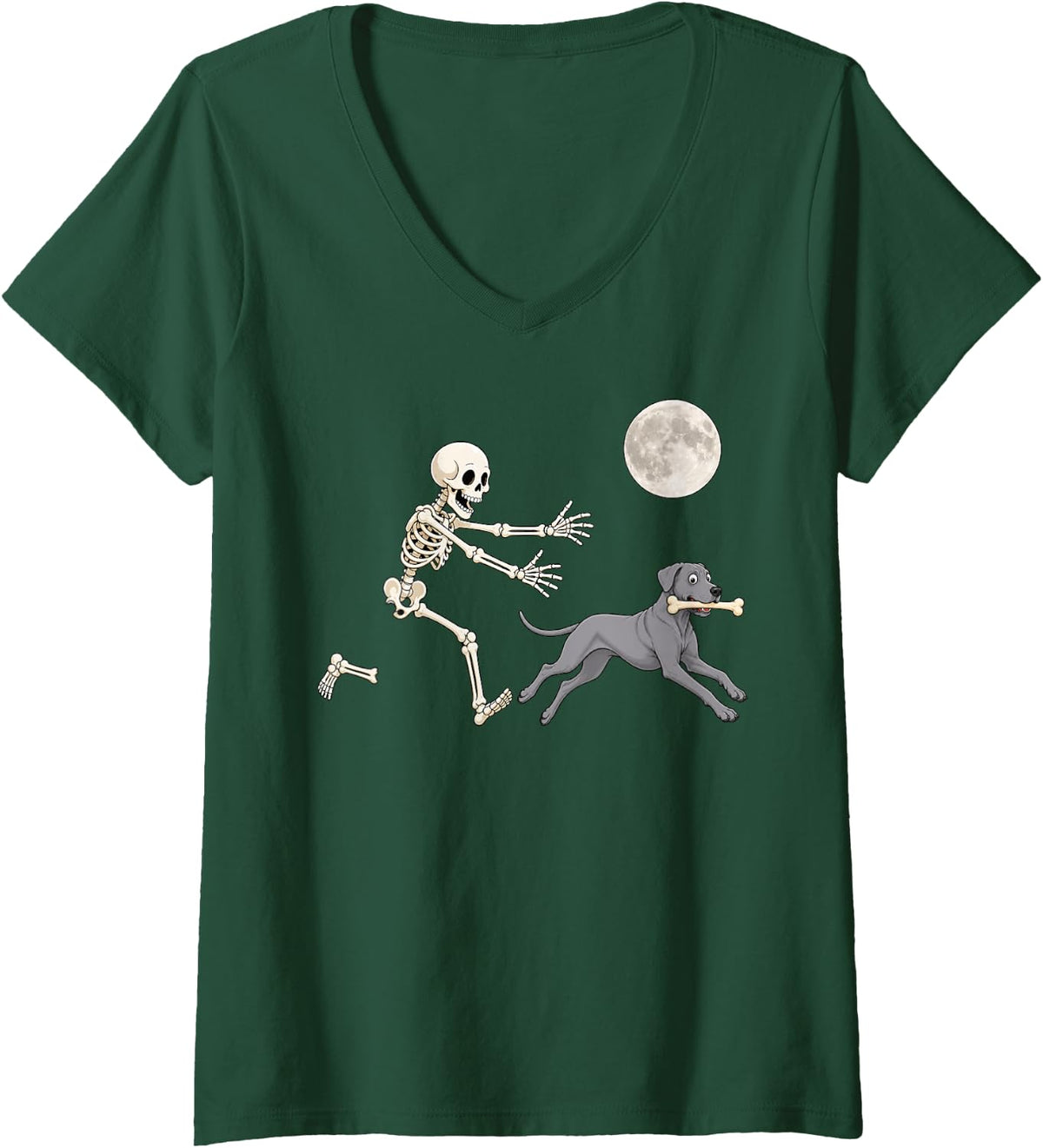 Women's Great Dane Running Skeleton Retro Halloween Dog V-Neck T-Shirt - Dark Green