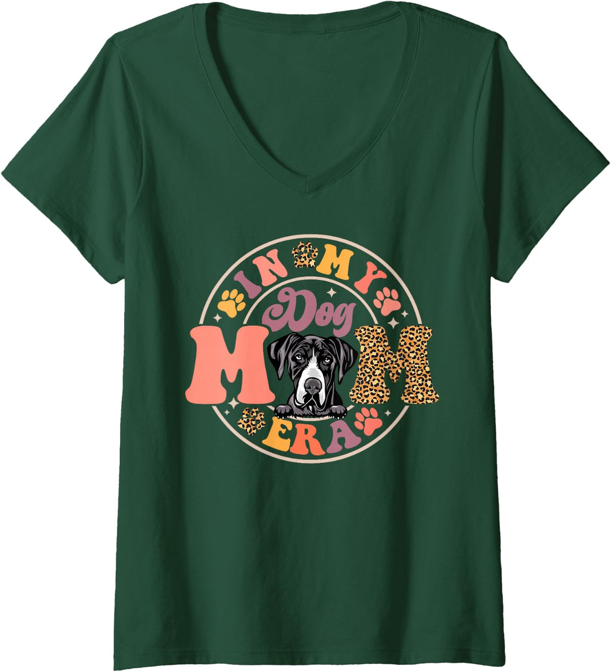 Women's Great Dane Dog in My Dog Mom Era Groovy Dog Mama Mothers Day V-Neck T-Shirt - Dark Green
