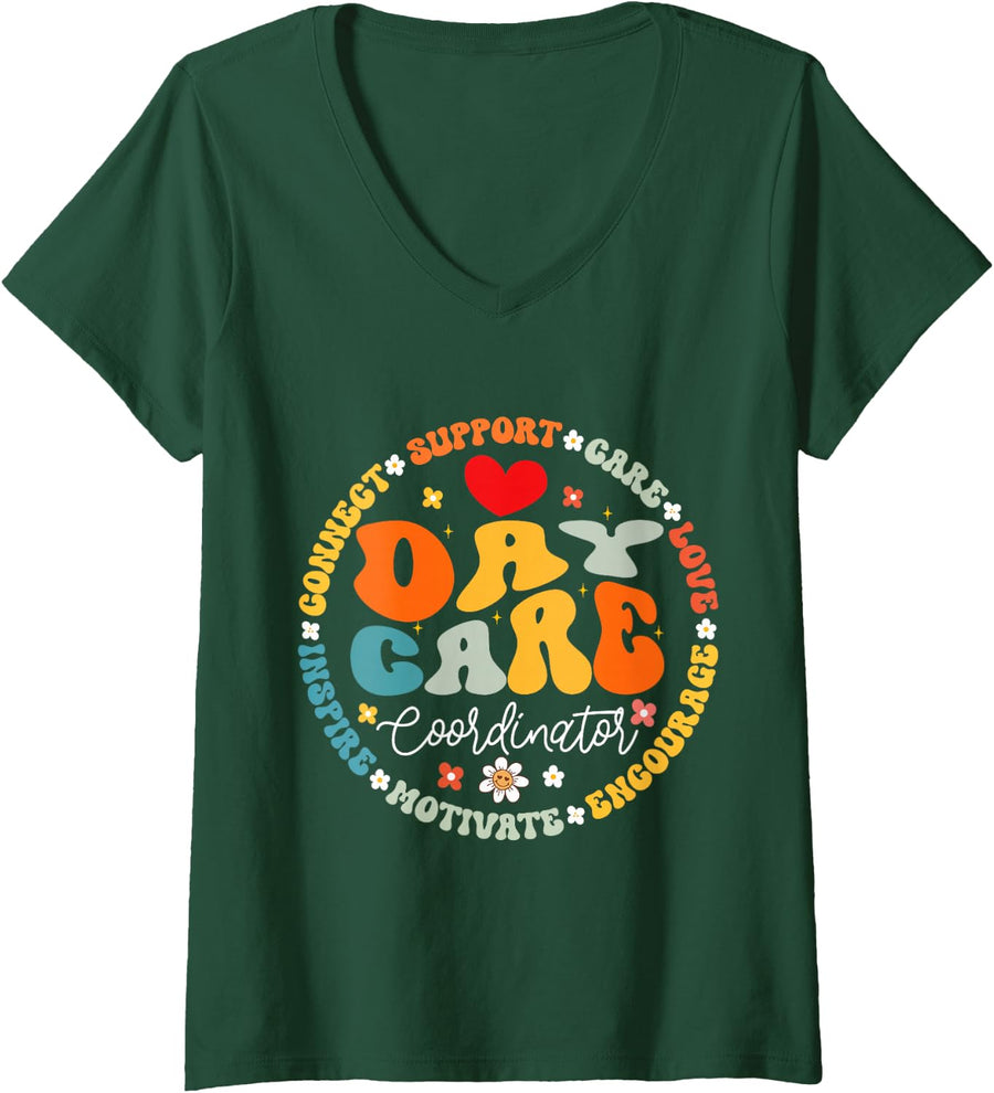 Women's Groovy Daycare Coordinator Childcare Provider After School V-Neck T-Shirt - Dark Green