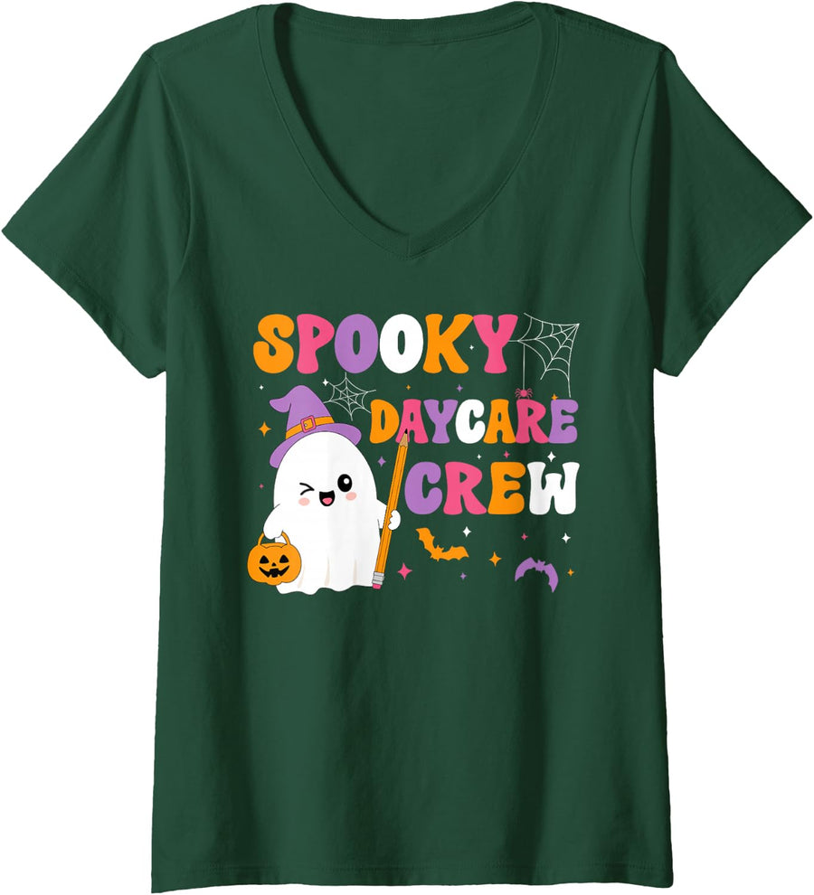 Women's Spooky Daycare Crew Halloween Daycare Teacher V-Neck T-Shirt - Dark Green