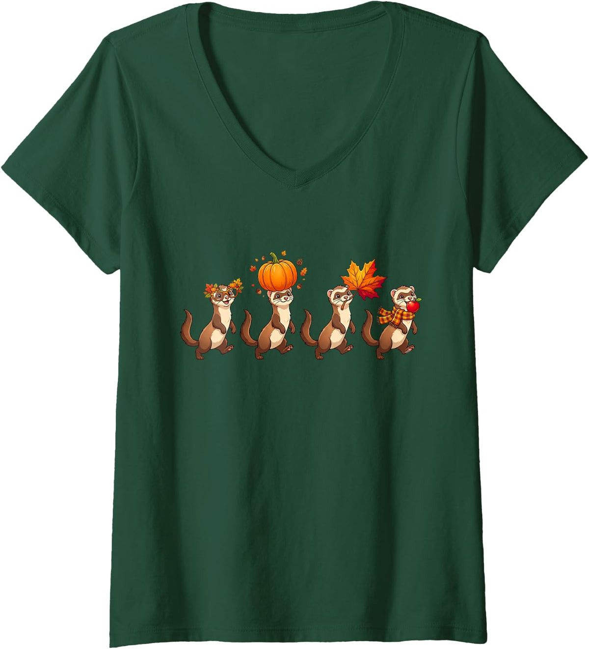 Women's Autumn Pumpkin Fall Ferret Thanksgiving Womens Mens Kids V-Neck T-Shirt - Dark Green