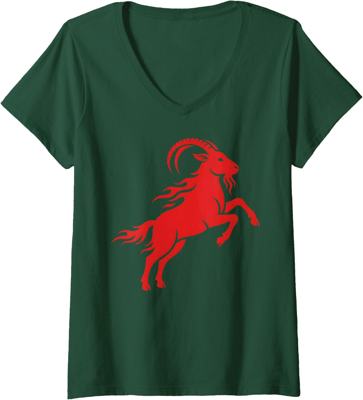 Women's Red Fire Goat Silhouette Chinese Zodiac Minimal Art V-Neck T-Shirt - Dark Green