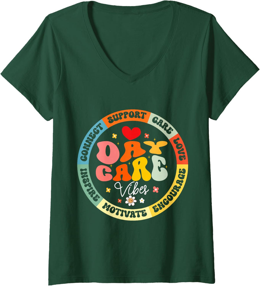 Women's Groovy Daycare Vibes Childcare Provider After School V-Neck T-Shirt - Dark Green