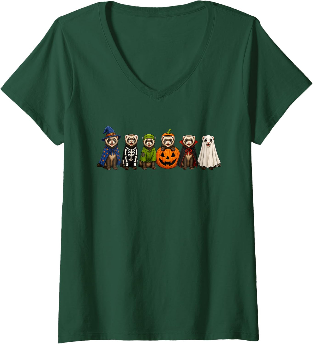 Women's Halloween Ferret Costume Spooky Pumpkin Vampire Ghost V-Neck T-Shirt - Dark Green