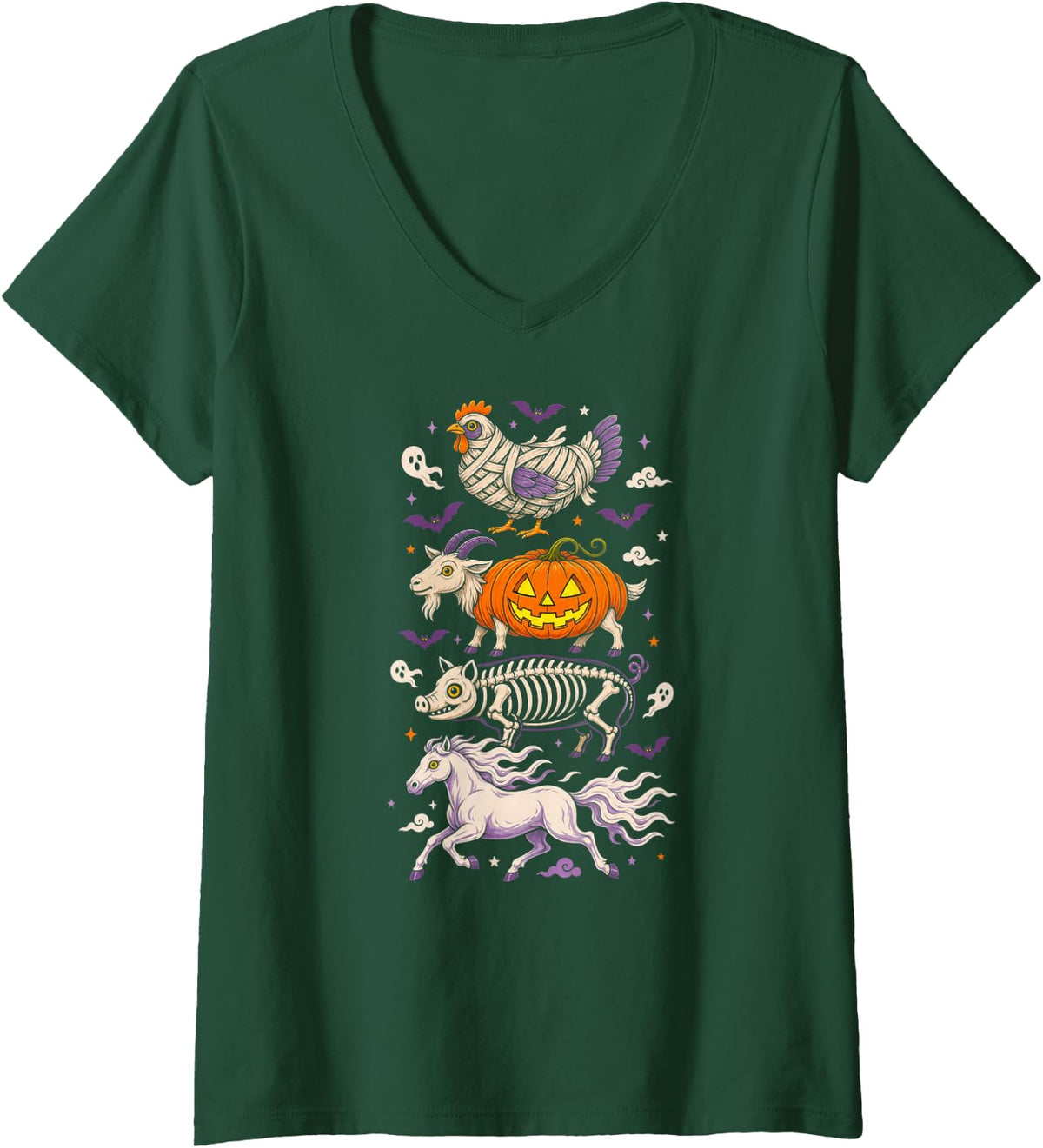 Women's Halloween Farm Animals Mummy Pumpkin Skeleton Ghost V-Neck T-Shirt - Dark Green