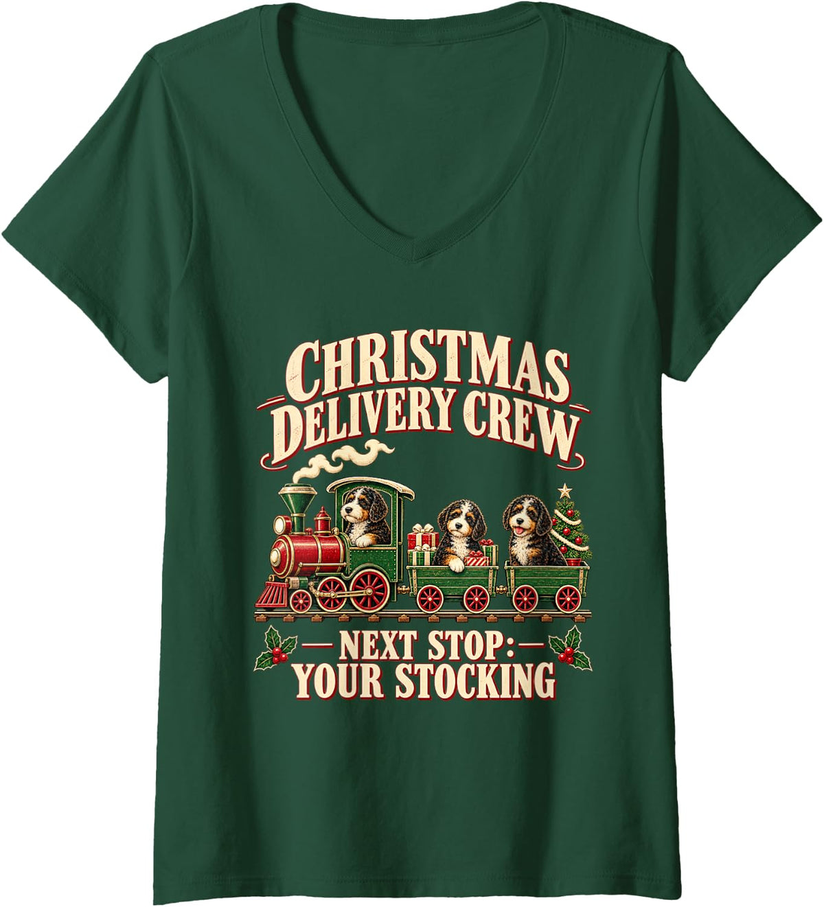 Women's Bernedoodle Dog Classic Xmas Locomotive V-Neck T-Shirt - Dark Green