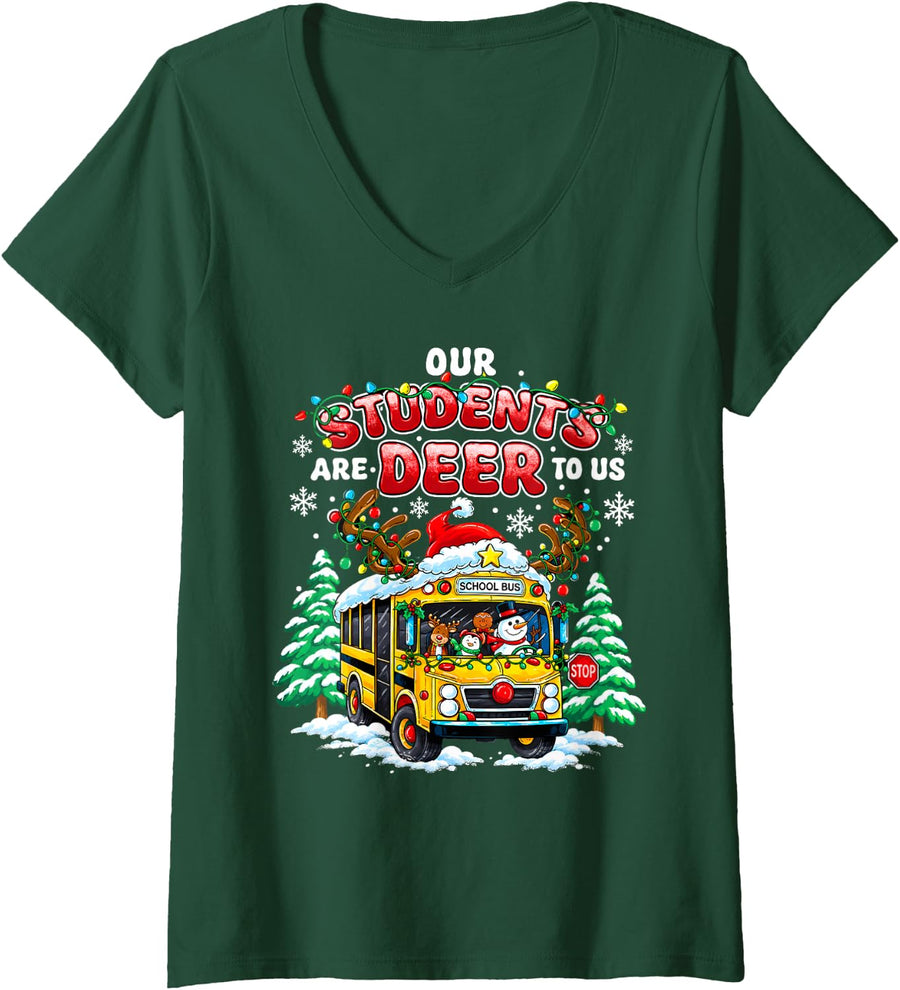 Women's Our Students are Deer to Us Christmas School Bus Driver V-Neck T-Shirt - Dark Green