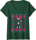 Women's Santa Hat Ugly Christmas Pajama Women Girls Great Dane Dog V-Neck T-Shirt - Dark Green