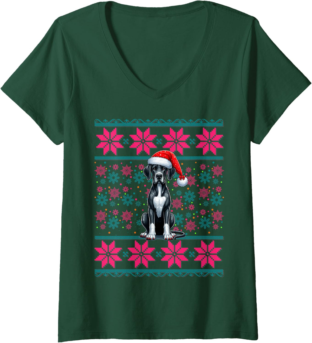 Women's Santa Hat Ugly Christmas Pajama Women Girls Great Dane Dog V-Neck T-Shirt - Dark Green