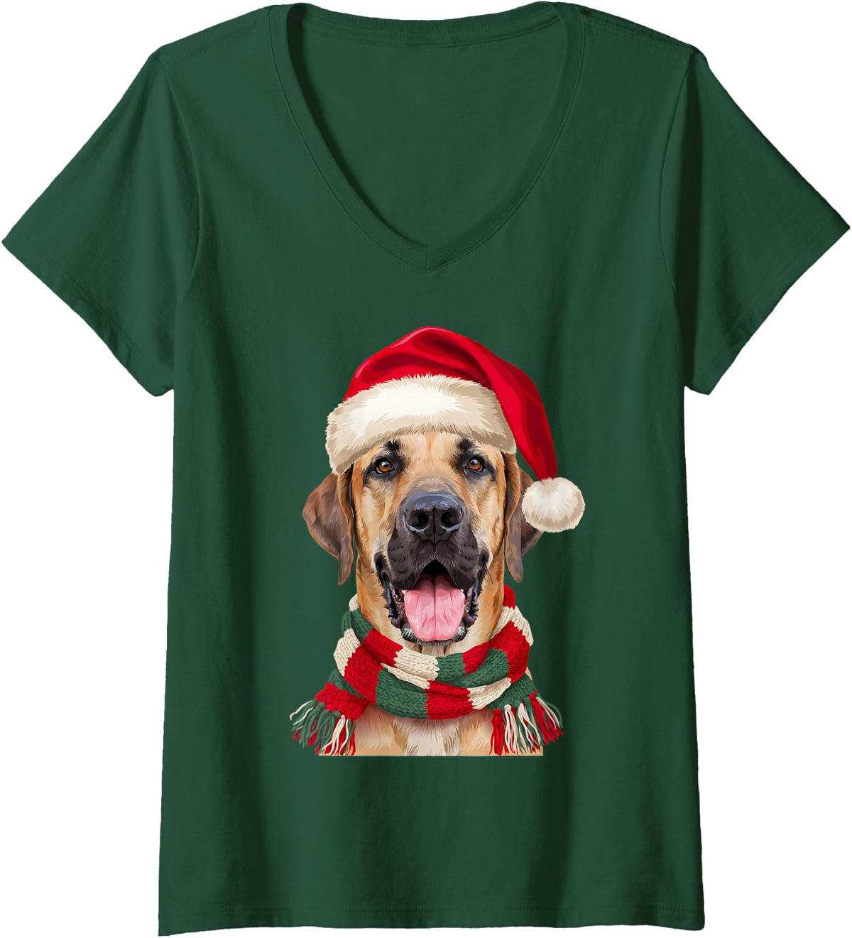 Women's Great Dane Santa Hat Christmas Dog Lover Mom Dad Holiday V-Neck T-Shirt - Dark Green