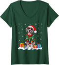 Women's Great Dane Christmas Sweater Santa Hat Xmas Pet Dog V-Neck T-Shirt - Dark Green