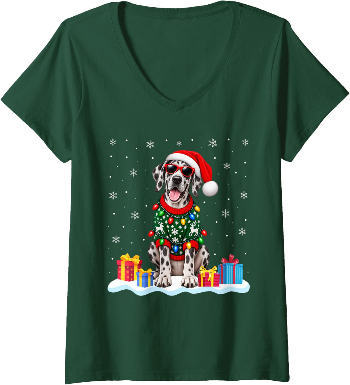 Women's Great Dane Christmas Sweater Santa Hat Xmas Pet Dog V-Neck T-Shirt - Dark Green