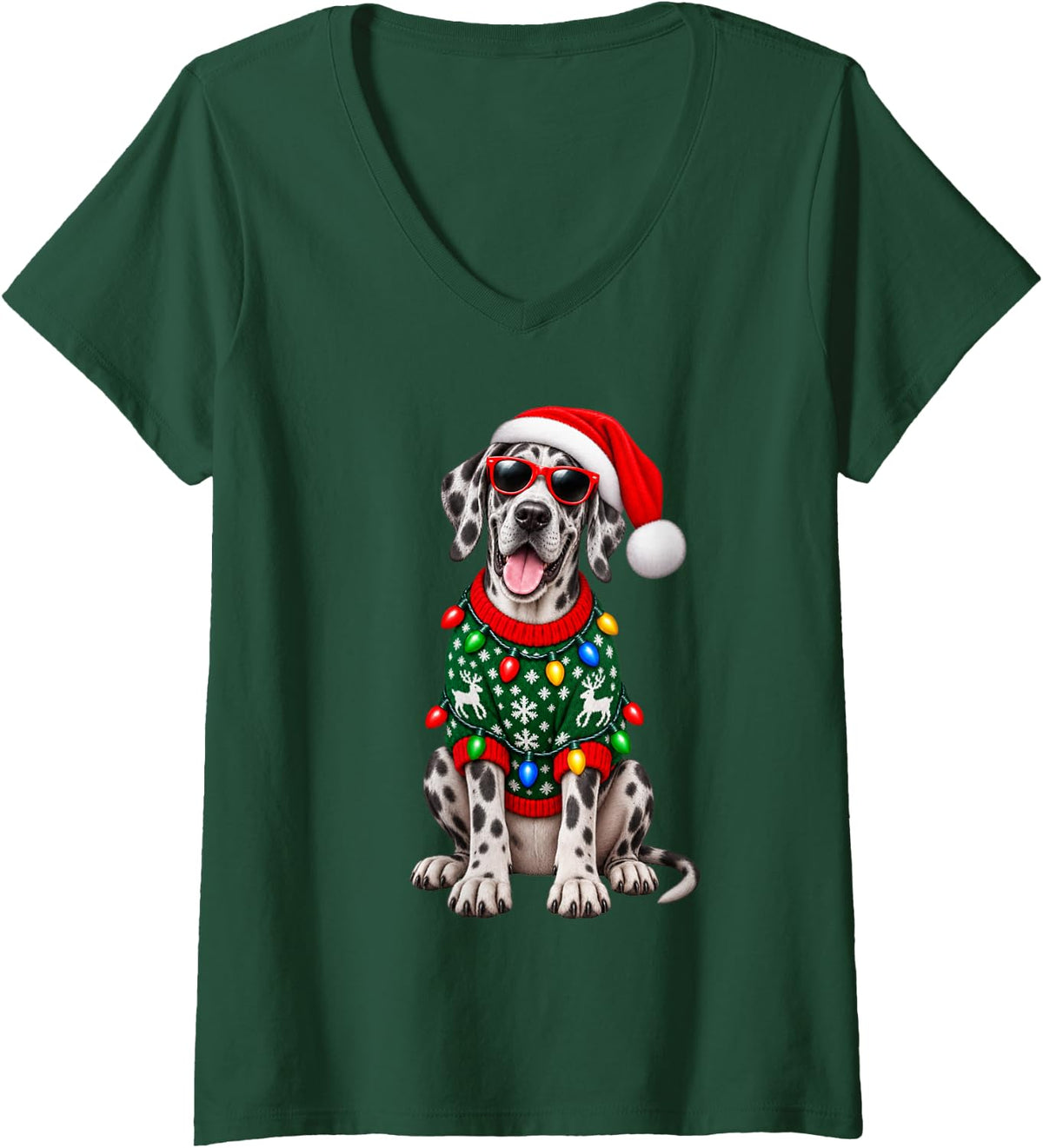 Women's Great Dane Christmas Sweater Santa Hat Sunglasses Dog V-Neck T-Shirt - Dark Green