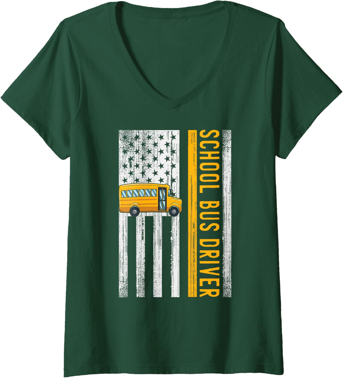 Women's Proud American School Bus Driver - School Bus USA Flag Gift V-Neck T-Shirt - Dark Green