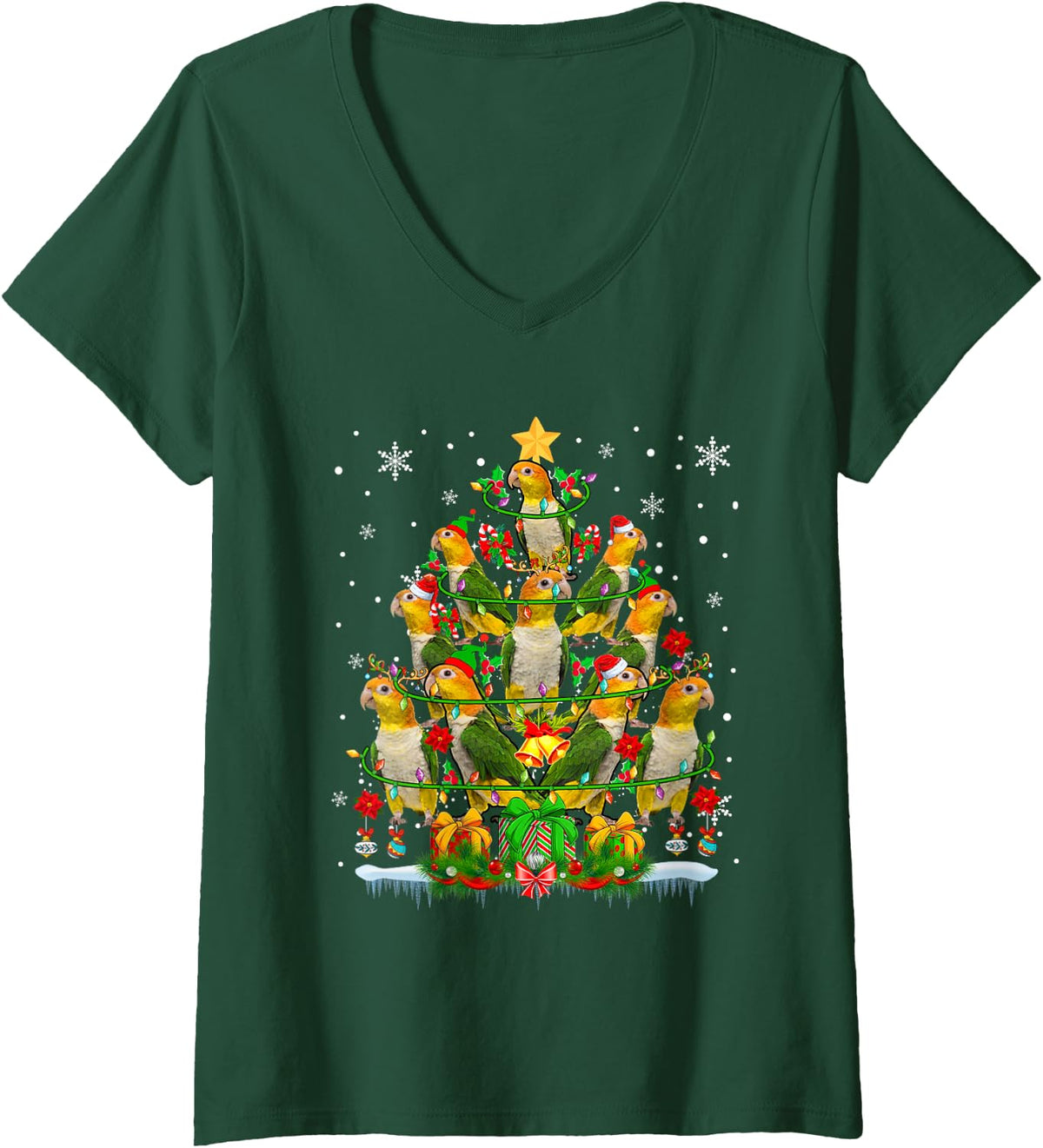 Women's Santa Reindeer Elf Caique Parrots Christmas Tree Bird Lover V-Neck T-Shirt - Dark Green