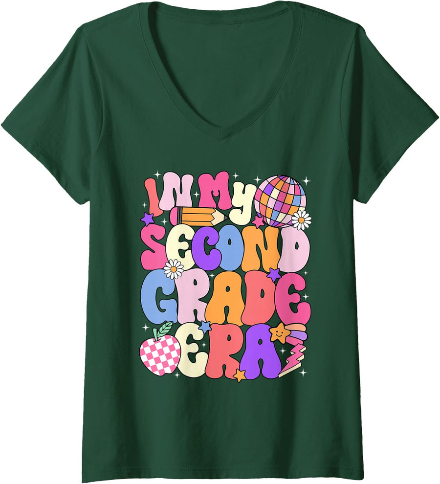Women's Back to School in My Second Grade Era 2nd Grade Teacher V-Neck T-Shirt - Dark Green
