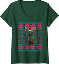 Women's Reindeer Santa Ugly Christmas Lights Great Dane Dog Xmas V-Neck T-Shirt - Dark Green