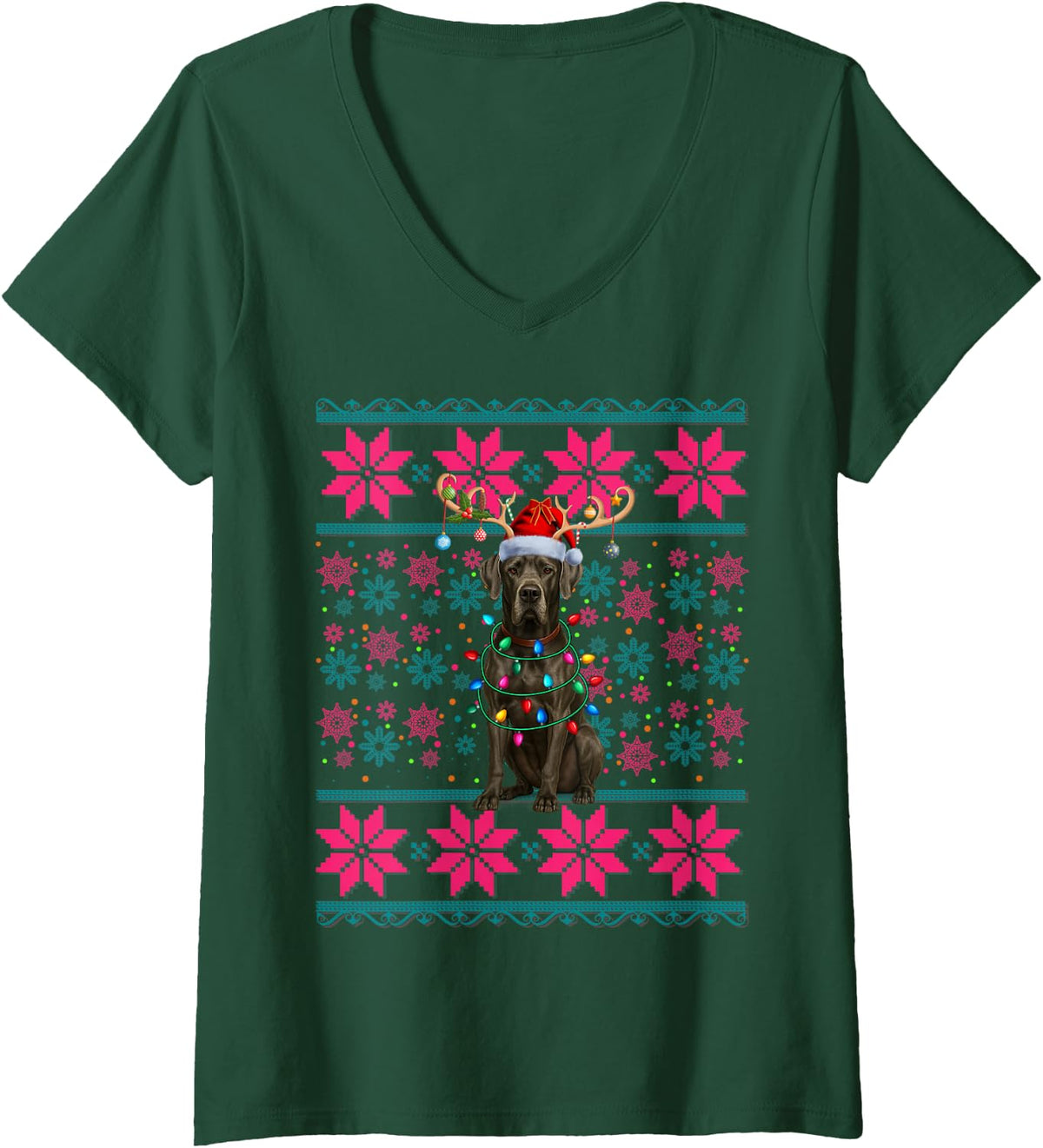 Women's Reindeer Santa Ugly Christmas Lights Great Dane Dog Xmas V-Neck T-Shirt - Dark Green