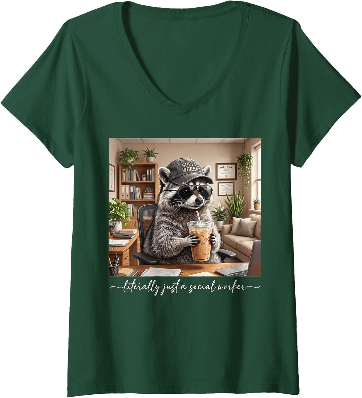Women's Literally Just a Social Worker Raccoon Drinking Iced Coffee V-Neck T-Shirt - Dark Green