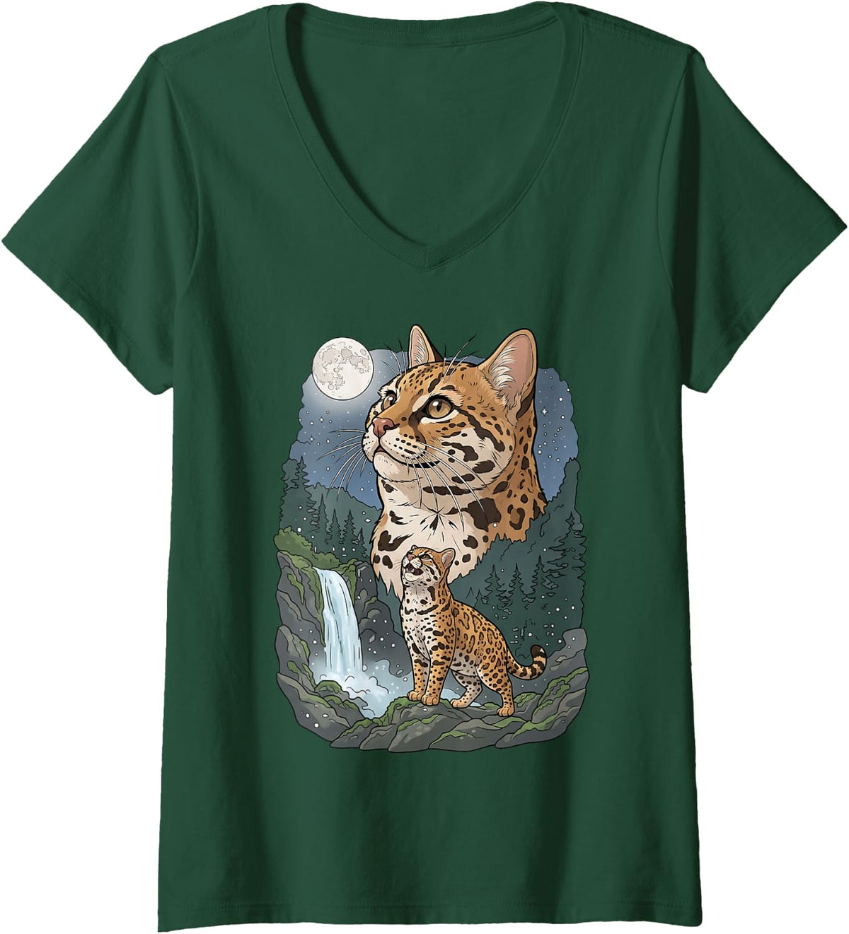 Women's Cat Lover Wildlife Nature Leopardus Tilcayo Cat V-Neck T-Shirt - Dark Green