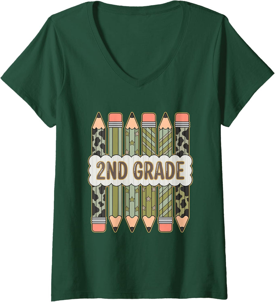 Women's 2ND Grade Camo Pencils Back to School Boys Student V-Neck T-Shirt - Dark Green