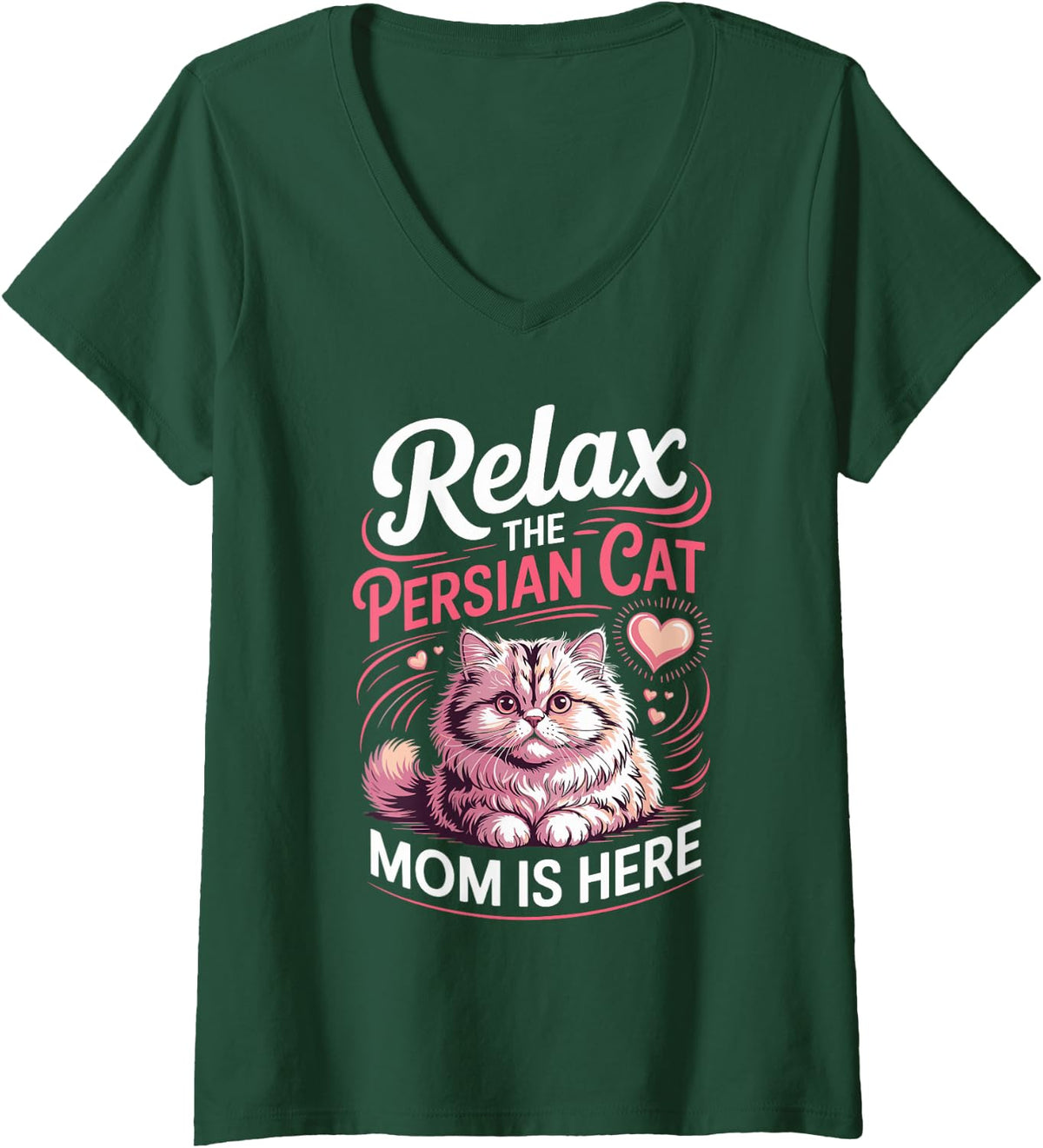 Women's Relax the Persian Cat Mom is Here Cat Lover V-Neck T-Shirt - Dark Green