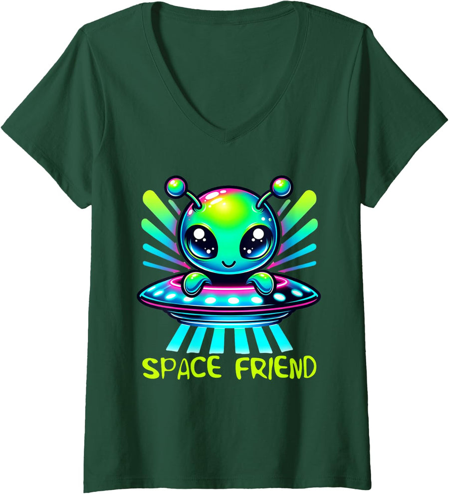 Women's Space Friend Cute Alien UFO Colorful Sci Fi V-Neck T-Shirt - Dark Green