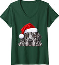 Women's Great Dane Christmas Santa Hat Cute Xmas Pet Dog Lover V-Neck T-Shirt - Dark Green