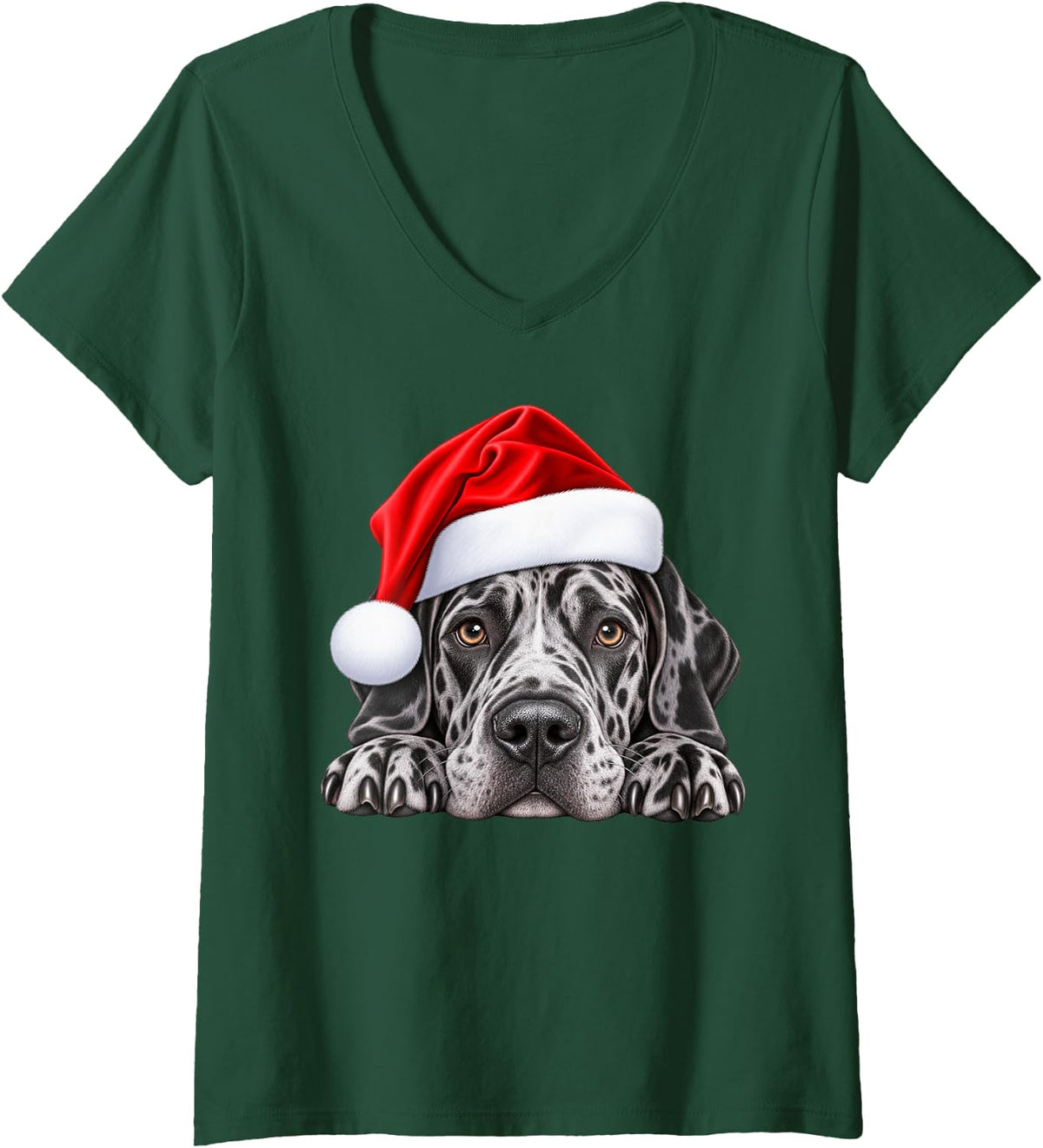 Women's Great Dane Christmas Santa Hat Cute Xmas Pet Dog Lover V-Neck T-Shirt - Dark Green