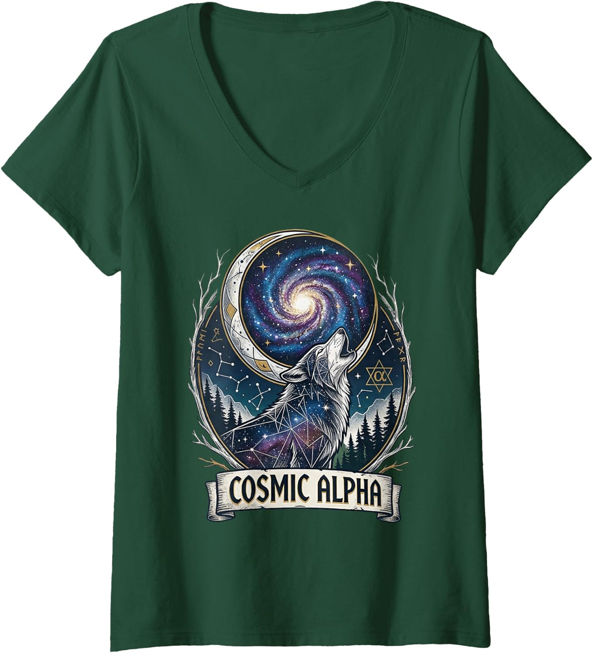 Women's Howling at The Moon Cosmic Wolf Alpha Galaxy Animal Graphic V-Neck T-Shirt - Dark Green