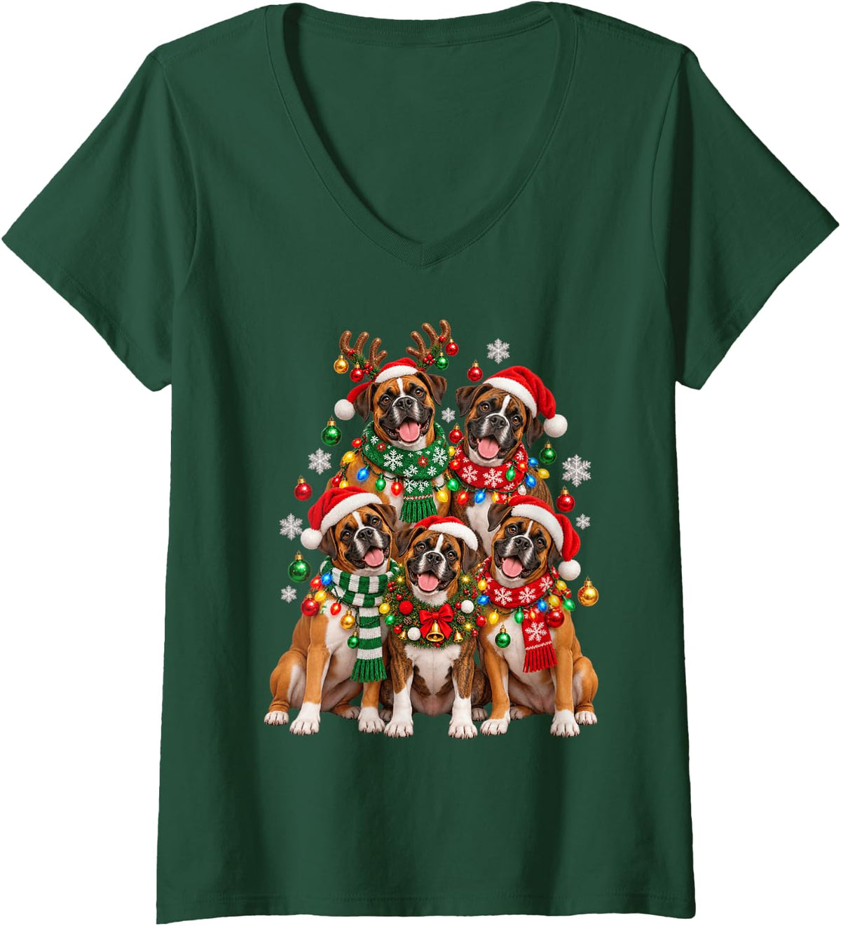 Women's Christmas Lights Boxer Santa Funny Xmas Trees V-Neck T-Shirt - Dark Green