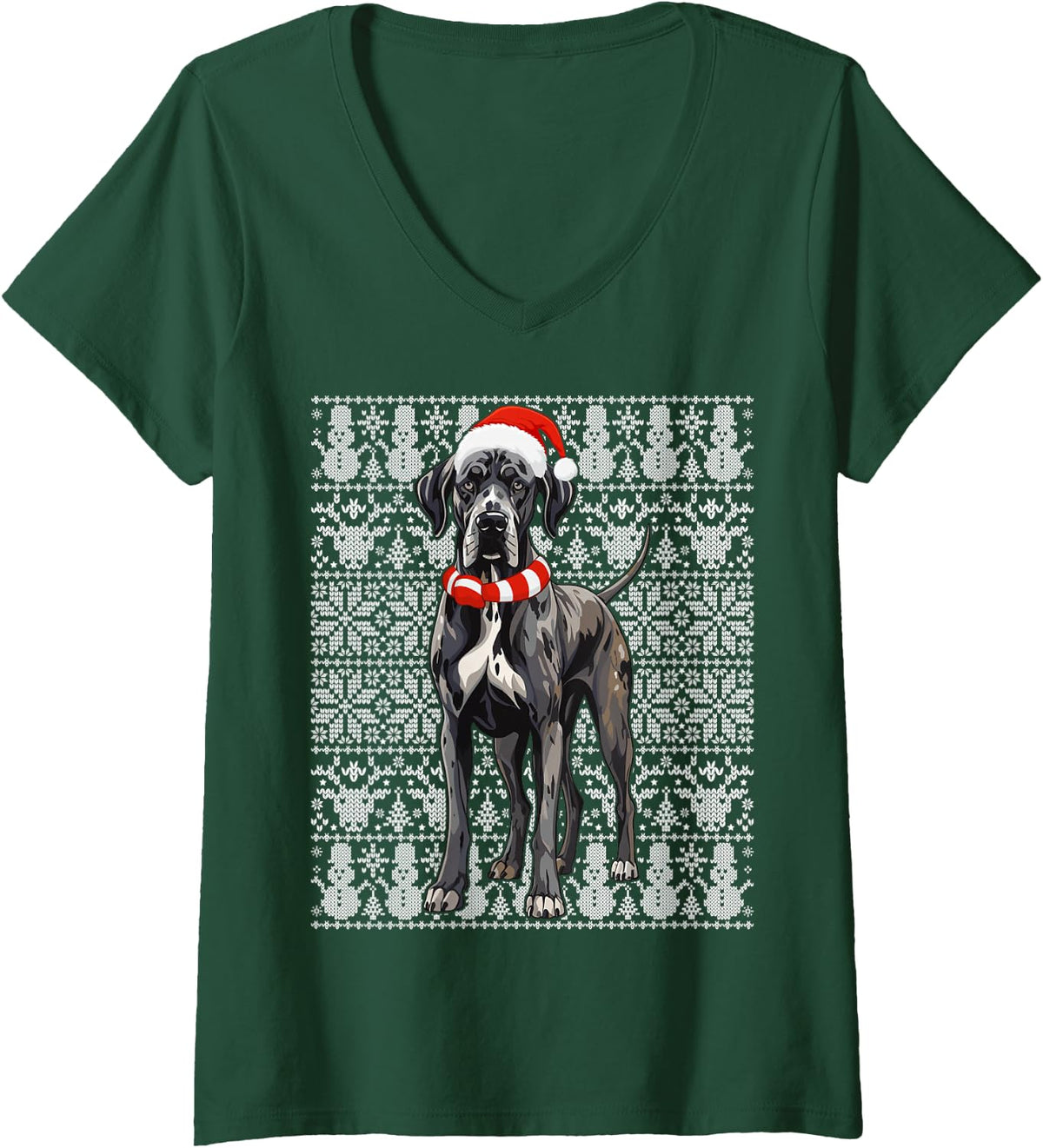 Women's Great Dane Dog Santa Hat Men Women Kids Ugly Christmas V-Neck T-Shirt - Dark Green