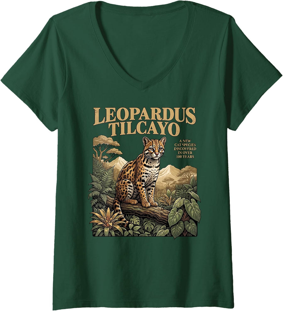 Women's Cat Lover Nature Wildlife Leopardus Tilcayo Cat V-Neck T-Shirt - Dark Green