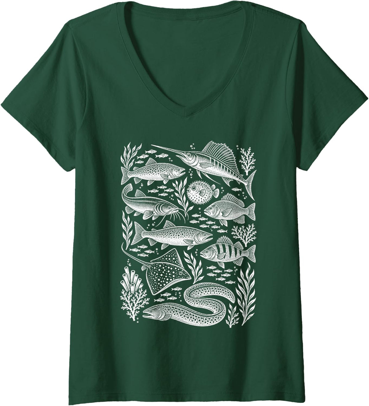 Women's Vintage Ocean Fish Species Saltwater Fishing Fisherman V-Neck T-Shirt - Dark Green