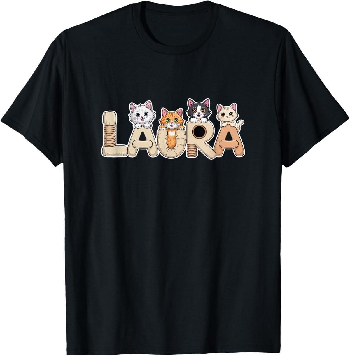 Laura Cat Trees - Personalized Cute Name Word Art T-Shirt - Black